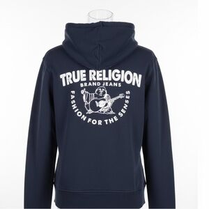 TRUE RELIGION BLUE HOODIE, LONG SLEEVES. GENTLY USED. SIZE LARGE